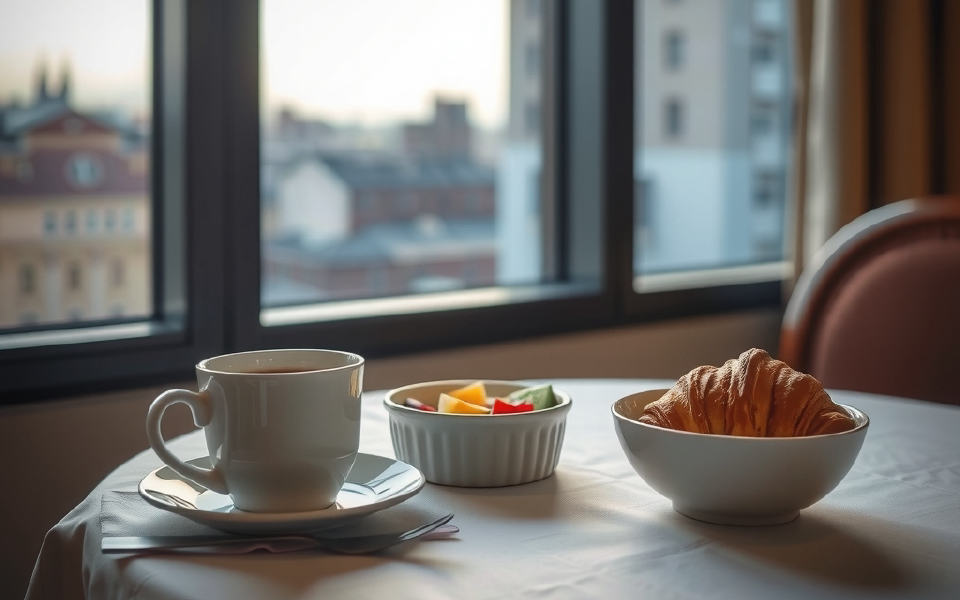 Raňajkový stôl pri okne hotelovej izby: šálka kávy, miska ovocia a croissant, v okne rozmazané strechy mesta.